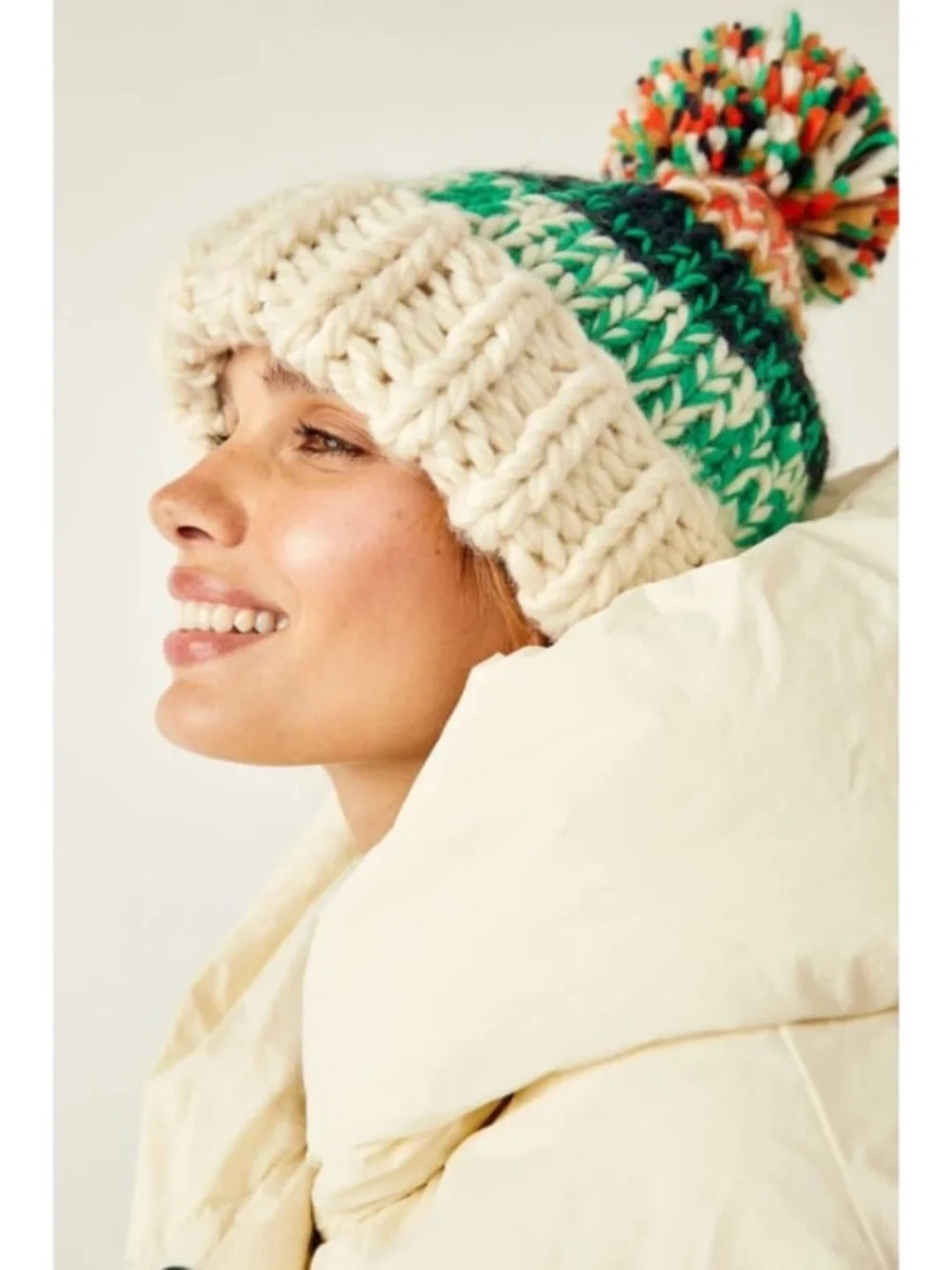 NEW Free People Tide Stripe Knit Pom Beanie Ivory